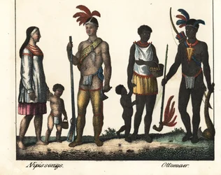 Einheimische Kanadas: eine Familie von Indianern vom Nipissing-See und eine Familie von Indianern aus dem Ottawa-Gebiet. Lithografie für das Buch: „Galerie complète en tableaux fidèles des peuples d