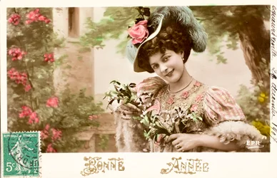 Alte Postkarte/Herrliches Jahr/Wunsch/Frau Belle Époque