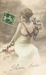 Alte Postkarte Frohes Jahr Wunsch Frau Belle Epoque