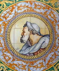 Bemalte Majolika-Tafel, die den Kopf eines alten Mannes im Stil von Michelangelo darstellt, hergestellt von Ceramiche Desuir, Santo Stefano di Camastra, Sizilien, Italien, Detail