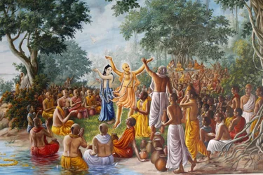Darstellung von Lord Caitanya, Lord Nityananda und ihren Anhängern am Ufer des Flusses Ganges
