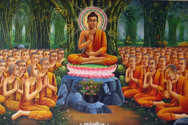 Gemälde, das Buddha zeigt, wie er Mönchen lehrt, Udong, Kambodscha