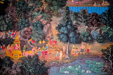 Dorfszenen mit Buddha in Thailand, Wat Bang Riang, Thub Pat, Phang Nga, Thailand