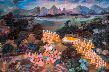 Gemälde von Dorfszenen mit Buddha in Thailand, Wat Bang Riang, Thub Pat, Phang Nga, Thailand