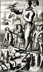 Pantagruel sendet Nachrichten an Gargantua mittels einer Brieftaube (Rabelais)