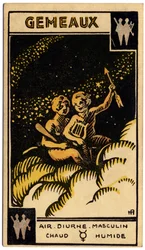Paranormal. Astrologie. Zwillinge (die Zwillinge). Astrologische Karte aus: Le Tarot Astrologique, von Georges Muchery, Frankreich