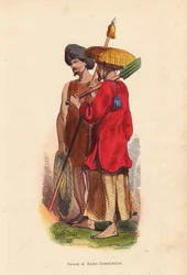 Bauer und Soldat aus Cochinchina (Vietnam) - Männer aus Vietnam (Cochinchina): Soldat mit Turban, Schild und Speer und Bauer mit Strohhut, Tunika und Schaufel - Handkolorierter Holzschnitt von Mercier aus „Moeurs, Uses et Costumes de tous les Peuples du Mo