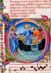 Piccolomini-Bibliothek: Chorbuch, cod. 27.11, ff. 1r mit Berufung des St. Peter und St. Andrew (Detail)