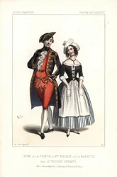 Pierre-Cheri Lafont in der Rolle von Frontin und Madame Bressant oder Augustine Dupont als Marinette in Theophile Gautier