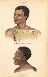 Porträt von Te Kewiti, Sohn von Te Kauwain, junger Häuptling der Maori Ngate Watnas, Neuseeland, und Porträt eines tätowierten Maori, Neuseeländer, gezeichnet in London von Agasse. Handkolorierter Stahlstich von Lizars nach einer Illustration von Charles H