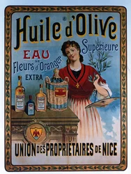 Plakat zur Werbung für Olivenöl aus Nizza, Frankreich