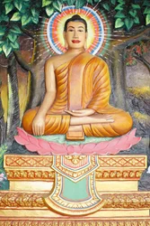 Preah Prom Rath Kloster, Leben des Buddha, Meditation auf einer Lotusblume, Der Buddha in Erdberührungsposition, Siem Reap, Kambodscha
