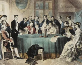Vorstellung der Experimente zur elektrischen Batterie 1801 vor dem Ersten Konsul Napoleon Bonaparte durch Volta (Gravur)
