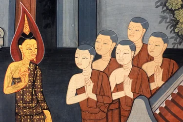 Prinz Rama. Wandmalerei-Detail an den Innenwänden des Vihara aus der Ära von König Rama III, das den Ramakian darstellt. Wat Pho - Wat Phra Chettuphon. 1788. Bangkok, Thailand