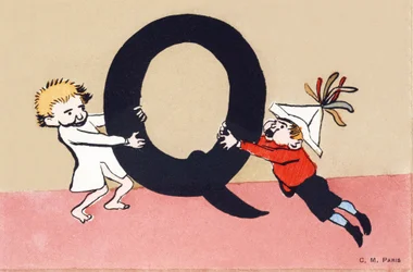 Q wie querelle - Alphabet für Kinder. C. M. Herausgeber, Paris. Handbemalte Postkarten, abgestempelt 1904. Maße: 14 x 9 cm