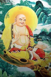 Quan The Am buddhistischer Tempel. Lachender Buddha Gemälde. Danang, Vietnam