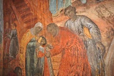 RUSSLAND, Uglich, Russisch-Orthodoxe Kirche des Heiligen Dimitrius auf dem Blut (1630), Fresko, das den Tod von Demetrius (Sohn von Iwan dem Schrecklichen) darstellt