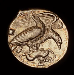 Seltene antike griechische Münze, Silber-Drachme, Agrigentum, Adler mit Hase um 410 v. Chr. (Foto)