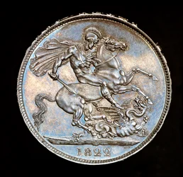 Seltene britische Münze, König George IV, Proof-Silberkrone, Schutzpatron von England zu Pferd mit Schwert, bereit den Drachen zu töten, Stempel von Benedetto Pistrucci
