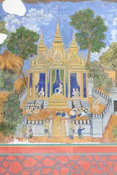 Reamker-Fresken, die die Wände des Königspalastkomplexes in Phnom Penh, Kambodscha, schmücken