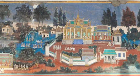 Reamker-Fresken, die die Wände des Königspalastkomplexes in Phnom Penh, Kambodscha schmücken