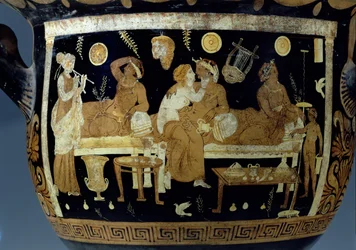 Rot-weiße Figur Calyx-Krater: Detail, das eine Bankettszene darstellt, Griechisch