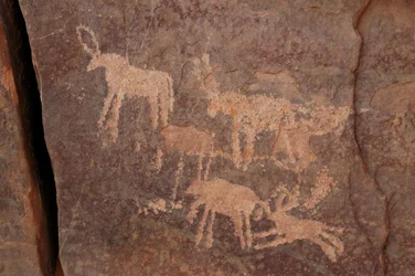 Felskunst, Vorgeschichte: Gravur eines Sets von Antilopen und eines Hundes (unten rechts) im Uweinat-Massiv, Ägypten. Zeitraum von 8000 bis 3000 v. Chr.