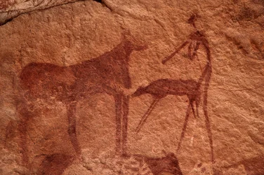 Felskunst, Vorgeschichte: Felsmalerei einer Kuh, eines Kalbs und einer Figur (Bogenschütze) in einem verzierten Schutzraum im Uweinat-Massiv, Ägypten. (Zeitraum von 8000 bis 3000 Jahre v. Chr.). Fotografie