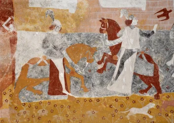 Romanische Kunst: Fresken der Begräbniskapelle Sainte Catherine de Jouhet, Vienne, Poitou-Charentes, Frankreich. Das Treffen der drei Lebenden und drei Toten. (Es erzählt das Treffen der drei jungen und reichen Ritter mit drei Toten)