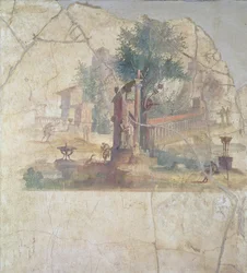 Sacro-idyllische Landschaft, aus der Villa von Agrippa in Boscoreale, Jahrhundert n. Chr.
