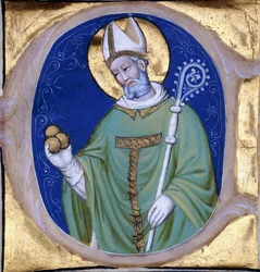 Heiliger Nikolaus von Myra, historiierte Initiale "C", aus einem illuminierten Chorbuch auf Pergament, ca. 1400