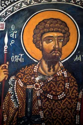 Heiliger Theodor Statelates: Byzantinisches Fresko aus dem 14. Jahrhundert (1332) Phorbiotissa Jungfrauenkirche, Asinou Zypern Bemalte Kirchen UNESCO-Stätte Troodos, Zypern