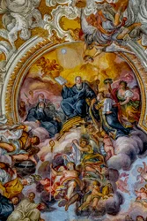 San Benedetto (St. Benedikt) Kirche, Catania, Sizilien (Italien). Deckenfresko Detail (18. Jahrhundert). St. Benedikt. (Foto)