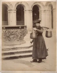 Kleine Berufe: Porträt eines Wasserträgers in der Nähe eines Brunnens. 19. Jahrhundert
