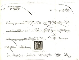 Proben der Uminn- und Uchen-Zeichen in der tibetischen Sprache. Illustration von Leutnant Samuel Davis aus Captain Samuel Turners (1759-1802) Bericht über eine Gesandtschaft an den Hof des Teshoo Lama in Tibet 1800. Kupferstich von dell