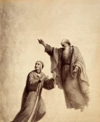 St. Bernhard zeigt Dante die Rose der Seligen, wo Beatrice sitzt. Illustration von Canto XXXI in Paradiso der Göttlichen Komödie von Dante Alighieri. Werk von Francesco Scaramuzza, gewidmet der Gemeinde Florenz.