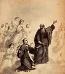 St. Bernhard, lächelnd, weist Dante an, nach oben zu schauen; der Dichter kniet mit offenen Armen neben dem Heiligen; selige Geister umgeben sie. Illustration von Canto XXXIII in Paradiso der Göttlichen Komödie von Dante Alighieri. Werk von Francesco Scara