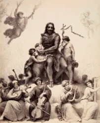 St. Johannes der Täufer sitzt, umgeben von musizierenden Engeln, und streichelt ein Lamm am Kopf. Illustration von Canto XXXII im Paradiso der Göttlichen Komödie von Dante Alighieri. Werk von Francesco Scaramuzza, gewidmet der Gemeinde Florenz.