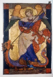 St. Michael besiegt den Drachen - Pergament, um 1330, Staatliche Museen Kupferstichkabinett, Berlin