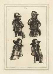 Rüstung mit Lanzenhalter, offener Helm, Arkebusenrüstung und Arkebusenrüstung mit langen Oberschenkelschienen