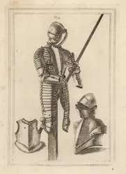 Turnierrüstung mit großem Schutz und Lanzenhalter aus dem Tower of London 1, Helm und großer Schutz 2, Bruststück eines Kürasses 3