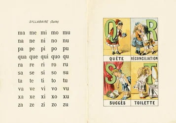 Silbenbuch und Q R S T - Gravur aus ABCD der kleinen Mädchen. Pellerin & Cie, Drucker-Verleger, Epinal, um 1890. Serie A. Maße: 19 x 13,5 cm.