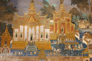 Silberpagode, Dieses Wandgemälde zeigt Szenen aus dem Reamker, der kambodschanischen Version des klassischen hinduistischen Gedichts Ramayana, Phnom Penh, Kambodscha