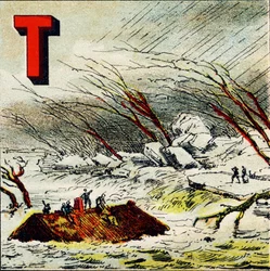 T: Wildbach. Ein sehr schneller Wasserstrom, der durch das starke Gefälle eines Geländes entsteht - Gravur aus Alphabet geographique. Guerin-Muller et Cie, Verleger, Paris