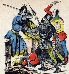 Die Schlacht von Taillebourg zwischen dem König von Frankreich Ludwig IX. und seinem Bruder, dem Grafen von Poitiers Alphonse, gegen die Waffen ihrer aufständischen Vasallen, Heinrich III. von England und Hugues X. von Lusignan. Epinal-Bild 19. Jahrhundert