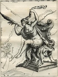 Die Kassiopeia des Atlas von Hevelius (1690): Kassiopeia, Frau des äthiopischen Königs Kepheus, sitzend auf einem mit Palmen geschmückten Sessel. Gravur aus „Les étoiles et les autres curiosités du ciel“ von Camille Flammarion