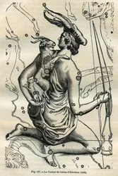 Der Wagen des Atlas von Hevelius (1690): Das Sternbild des Wagens, das in der rechten Hand eine Peitsche und Zügel hält und auf dem linken Arm die Ziege und zwei Zicklein, ist eines der ältesten in der griechischen Sphäre. Gravur aus Camille Flammarions „L