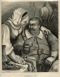 Der kleine Pouket: der Oger und seine Frau nach dem Essen. Gravur von Gustave Doré (1832-1883) aus „Les contes“ von Charles Perrault (1628-1703)
