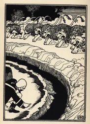 Der Baron verteidigt sich gegen den Angriff von Löwen, indem er Schießpulver anzündet. Illustration von William Strang (1859-1921) und JB Clark aus „Die Abenteuer des Baron von Münchhausen“ von Rudolf Erich Raspe (1736-1794) (1789)