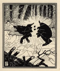 Der Baron sprengt einen Schwarzbären mit zwei Feuersteinen in die Luft. Illustration von William Strang (1859-1921) und JB Clark aus „Die Abenteuer des Freiherrn von Münchhausen“ von Rudolf Erich Raspe (1736-1794) (1789)